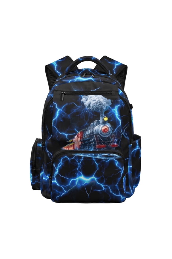 Blue Lightning Bolt Print Multi Pocket Casual Daypack for Elementary School Travel, Lightweight Large Capacity 600D Polyester School Bag
