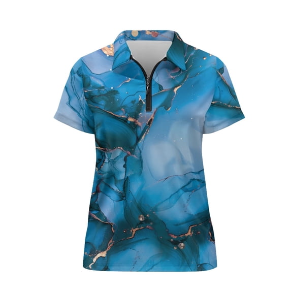 FUIALDOLG Blue Marble with Gold Veins Women Short Sleeve Golf Shirts for Shopping Tennis, Breathable Polyester Tennis Shirts Moisture Wicking Quick Dry Polo Shirts