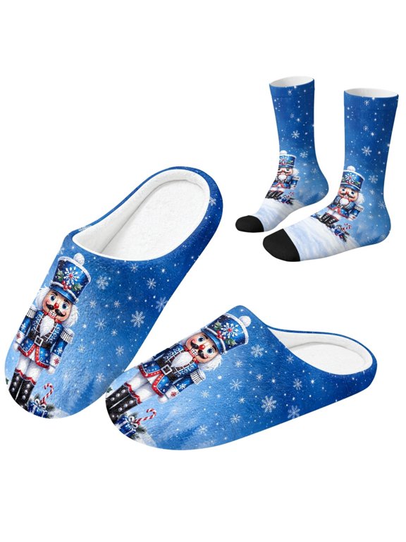 Blue Nutcracker Home House Shoes Matching Socks Set