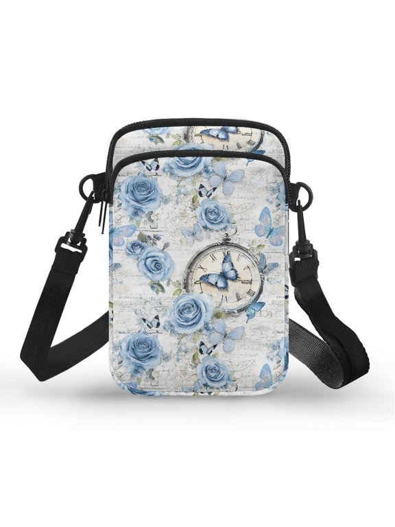 Blue Rose Butterfly Clock Theme Cell Phone Purse, Adjustable Crossbody Bag Portable Crossbody Purse for Yoga Travel