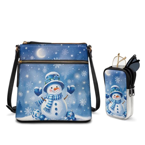 FUIALDOLG Blue Scarf Snowman Print Crossbody Bags for Women Lightweight Glasses Case 2 Piece PU Leather Shoulder Bag with Adjustable Strap Waterproof Cell Phone Purse Handbag