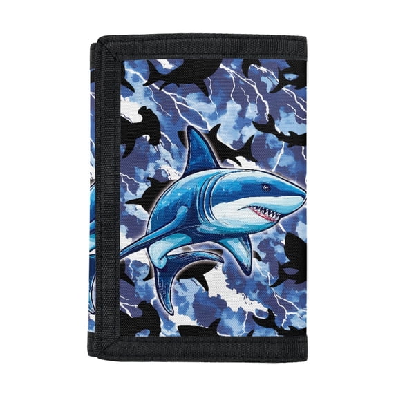 FUIALDOLG Blue Shark Trifold Card Wallet, Polyester Washable Large Capacity Youth Wallet for Outdoor Sports and Daily Use