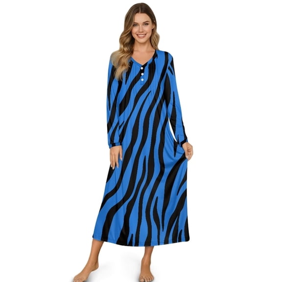 FUIALDOLG Blue Zebra Print Nightgowns for Women Long Sleeves Nightgown Soft Sleepwear Button V Neck Sleepshirt Long Nightgown for Pajama Party, 3XL