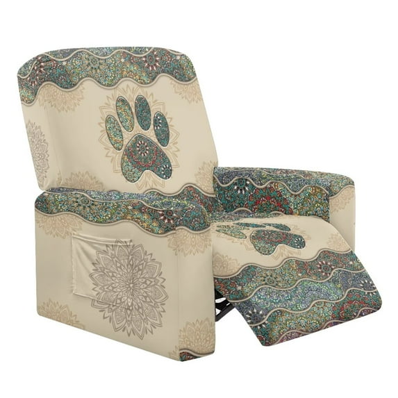 FUIALDOLG Bohemian Dog Paw Pattern Recliner Chair Cover 4-Pieces Lazyboy Cover for Recliner Chair with Storage Pockets Furniture Protector Jacquard Sofa Slipcover for Kids, Pets, Dog and Cat