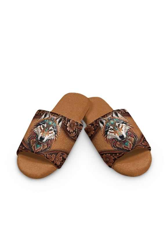 Bohemian Wolf Print Indoor House Slipper for Women Open Toe Slide Lightweight Material Bedroom Shoes for Winter 9-10