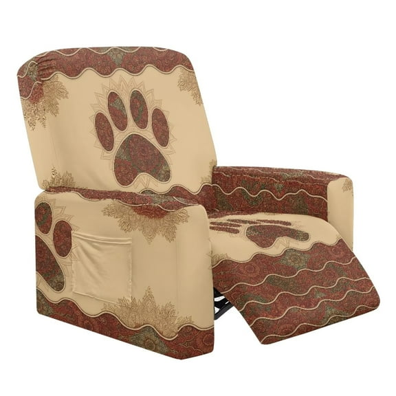 FUIALDOLG Boho Dog Paw Pattern Chair Cover for Recliner 4-Pieces Stretch Slipcover Set Washable Reclining with Storage Pockets Furniture Protector for Home Decor