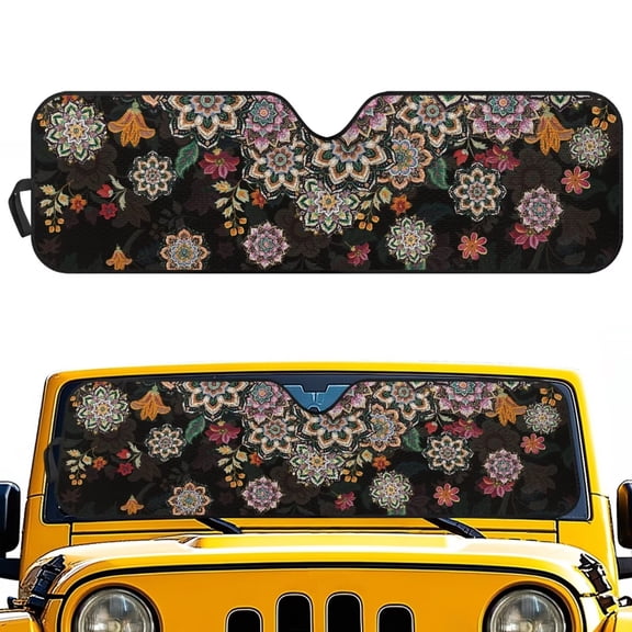 FUIALDOLG Boho Mandala Windshield Sun Shade for Car Off-road Vehicle Auto SUV Truck Foldable Front Window Sunshade Sun Visor Protector Block UV Rays Reflect Heat, 52.95" x 16.14"