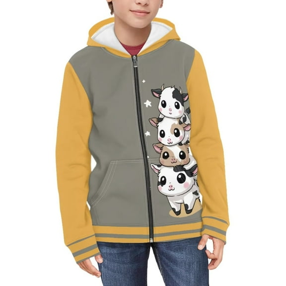 FUIALDOLG Boys Girls Fleece Hoodies Cartoon Cow Grey Orange Print Zipper Hoodie Casual Hooded Sweatshirts with Pocket Winter Coat Jacket for Age 14-16 Kids