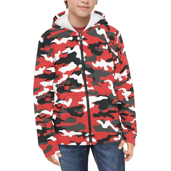 FUIALDOLG Boys Red Camo Hoodie Boy Girls Zip Up Hoodies with Pocket Toddler Boy Kids Cute Sweatshirt Winter Outerwear Jackets 8-10 Years