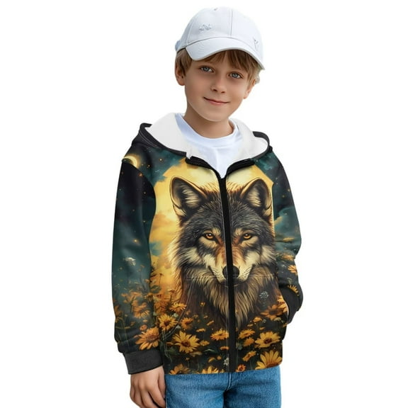 FUIALDOLG Boys Sweatshirt Grey Wolf Print Hoodie Sunflower Moon Cozy Soft Winter Jacket Coat with Pocket Zip Up Hoodie for Boys, Size S