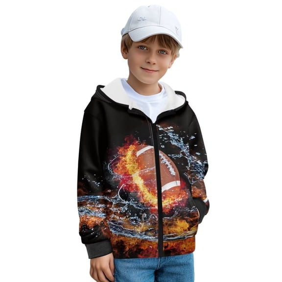 FUIALDOLG Boys Water Flame American Football Print Sweatshirts Zip Up Jacket for Boys Warm Cropped Hoodies Teen Casual Long Sleeve Jackets with Pockets, Size L