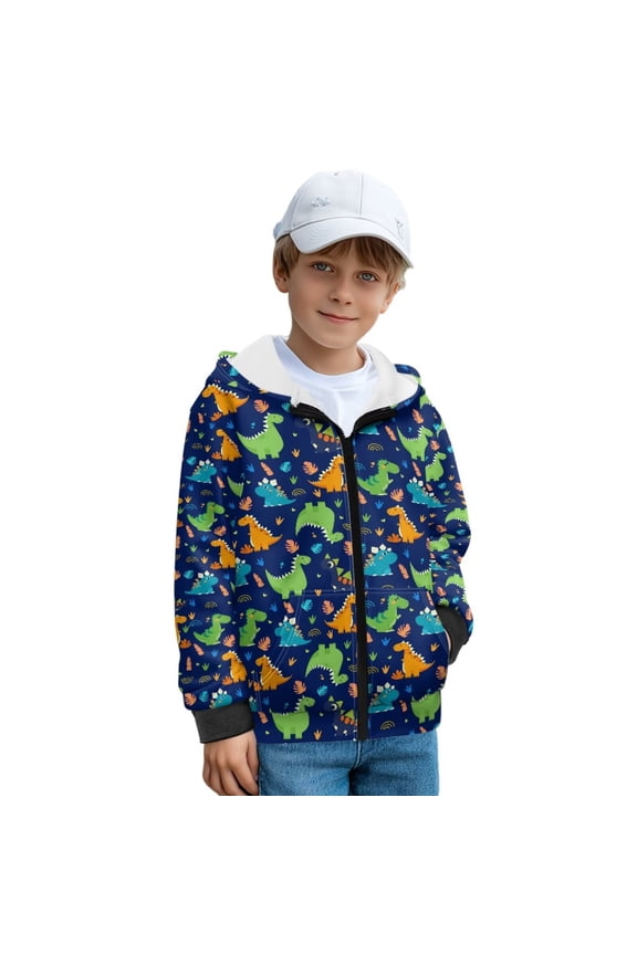 Boys Winter Jacket Cute Dinosaur Print Boys Blue Hoodies Kids Full Zip Hoodie Boys Jacket Warm Cozy Outwear Coat with Pockets, Size M