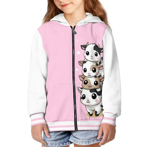 FUIALDOLG Boys Zip Up Hoodies for Kids Cartoon Cow Pink Print Graphic Hooded Sweatshirt Warm Long Sleeve Winter Jacket with Pockets 6-7 Years