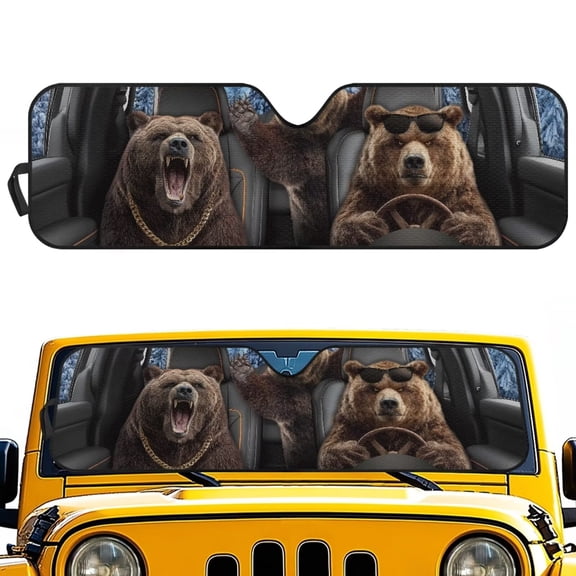 FUIALDOLG Brown Bear Boss Windshield Sun Shade for Car Off-road Vehicle Auto SUV Truck Foldable Front Window Sunshade Sun Visor Protector Block UV Rays Reflect Heat, 52.95" x 16.14"