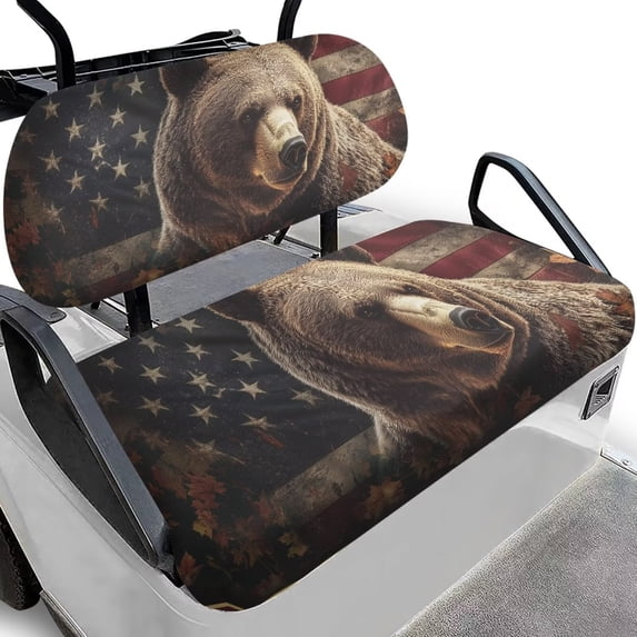 FUIALDOLG Brown Bear Golf Seat Covers for Cart Universal Fit Club Car Precedent American Flag Print Breathable Golf Cart Bench Seat Covers Washable Fashion Accessories