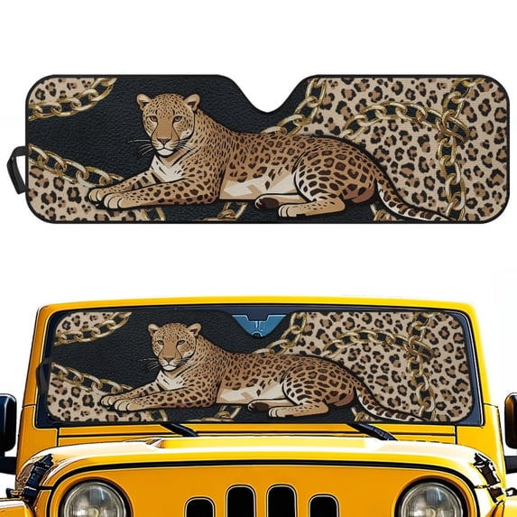 FUIALDOLG Brown Leopard Animal Car Windshield Sun Shade Cute Front Window Car Sunshade Windshield Blocks UV Rays Sun Visor Protector for Truck Off-road Vehicle Accessories