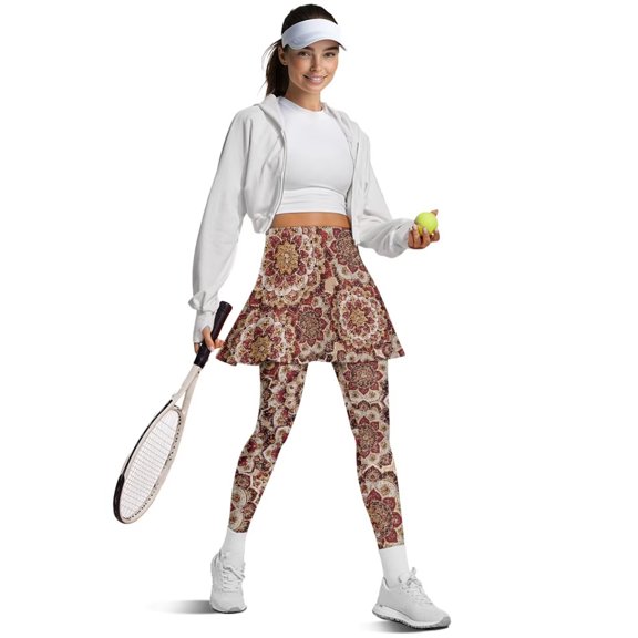 FUIALDOLG Brown Mandala Floral Skirt with Leggings for Women Pleated Skirted Leggings with Pockets Tennis Clothing Stretchy Breathable Golf Skirts with Pants，Cherry Pattern Active Skorts,Size XS