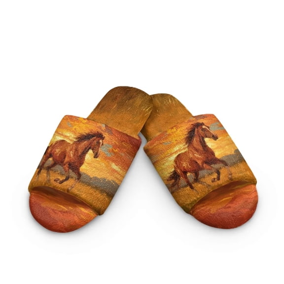 FUIALDOLG Brown Running Horse Print Slippers for Women Japanese Style House Slippers Indoor Breathable Open Toe Bedroom Slides Soft Sole Sandals for Home Use, Size 4.5-5.5