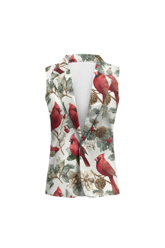 Button Down Sleeveless Blazer Jacket for Work Summer, Woven Formal Lightweight Women's Sleeveless Waistcoat Vest, Bird Pine Pattern