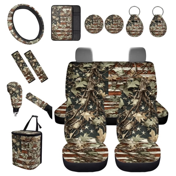 FUIALDOLG Camo Hunting Car Seat Accessories Full Set 15 Pieces Leaves USA Flag Front and Rear Seats Cushions for Cars with Hanging Vehicle Trash Bin, Seatbelt Pads Auto Interior Accessories