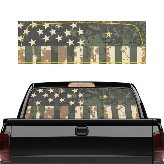 FUIALDOLG Camo US Flag Pattern Truck Rear Window Decal, Sun & Heat Protection Pickup Car Window Stickers Anti-UV Easy Installation Car Rear Windshield Sunshade for, 66.9 x 22.4 Inch