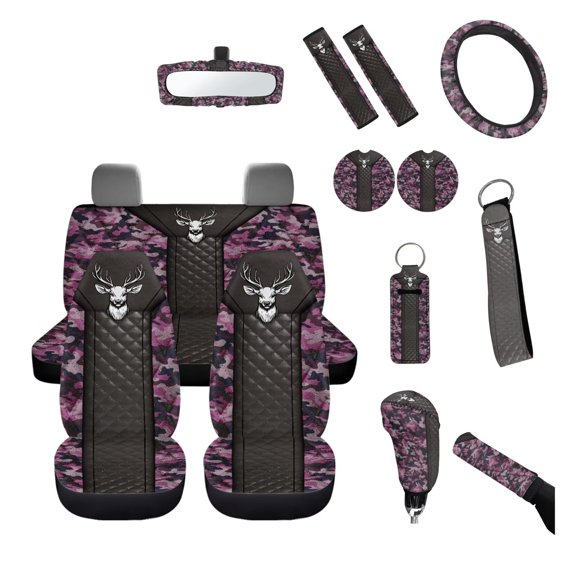 FUIALDOLG Camouflage 14 Piece Complete Car Interior Set Deer Seat Covers Front Rear Protector Steering Wheel Cover Mirror Cover Coasters Seat Belt Pads Keychains Universal Fit