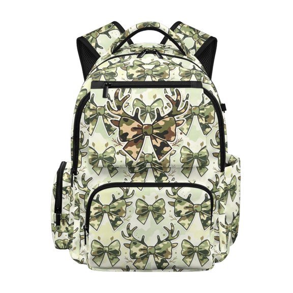 FUIALDOLG Camouflage Bow Antler 17 Inch School Bag, Durable Lightweight Kawaii Backpack for Elementary School Daily Use
