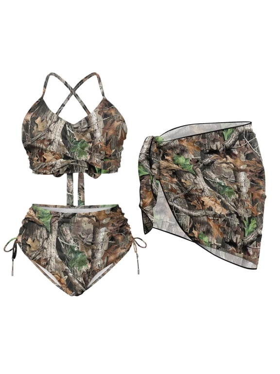 Camouflage Hunting High Waisted Push Up Cheeky with Chiffon Cover Ups for Women 3 Pack Sets, Branches Wrinkle-Resistant Sheer Cover Ups Ideal for Summer Vacation
