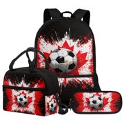 FUIALDOLG Canada Soccer Backpack Set with Lunch Box Pencil Case Boys School Bookbag 3 Pcs Kindergarten Elementary Middle School Bag Large Capacity Back Packs with Adjustable Strap