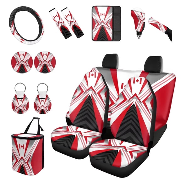 FUIALDOLG Canadian Flag Car Seat Covers Set for Front Back 15Pcs Patriotic Dustproof Auto Seats Covers Sets with Steering Wheel Cover, Gear Shift Pad, Keychain Car Interior Essentials