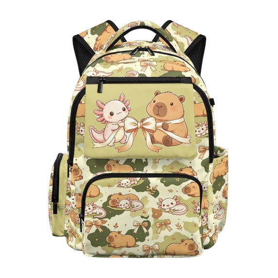 FUIALDOLG Capybara Axolotl Breathable Casual Daypack 17 Inch, Portable Multiple Zipper Pockets 600D Polyester Schoolbags