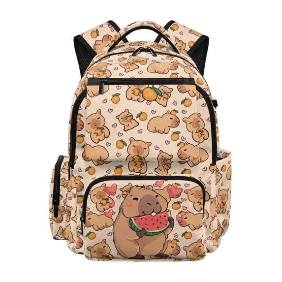 FUIALDOLG Capybara Orange Pattern Girls Backpacks with Durable Water Resistant School Bag, Pockets 17 Inch Backpack for Girls for Back to School Daily Use Commute