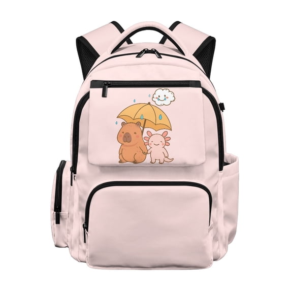 FUIALDOLG Capybara and Axolotl Sharing Umbrella Zaino per ragazze with Waterproof, Durable Multi-Pocket 17 Inch Bookbag for Back to School Travel