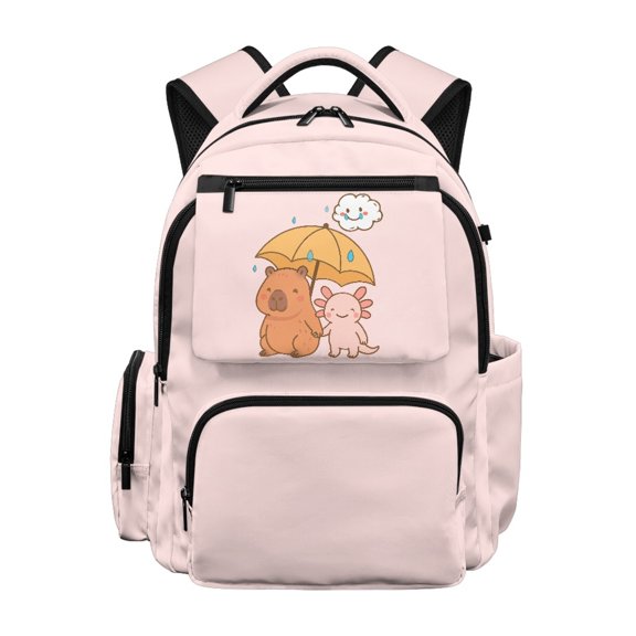 FUIALDOLG Capybara and Axolotl Sharing Umbrella Zaino per ragazze with Waterproof, Durable Multi-Pocket 17 Inch Bookbag for Back to School Travel