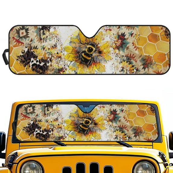 FUIALDOLG Car Front Window Sun Shield Sunflower Bee Foldable Front Window Sun Shade Windshield Rays Sunshade Visor Protector for Off-road Vehicle SUV Accessories 52.95" L x 16.14" W