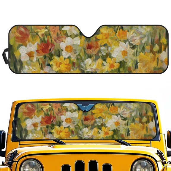 FUIALDOLG Car Windshield Sun Shade, Oil Painting Floral Sun Visor for Car Off-road Vehicle, Block UV Rays, Foldable 52.95x16.14 inches