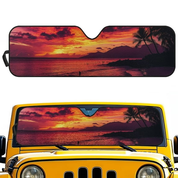 FUIALDOLG Car Windshield Sun Shade Tropical Sunset Windshield Cover Automotive Interior Protection Front Window Sun Visor Protector Blocks UV Rays Keep Your Vehicle Cool