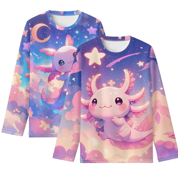FUIALDOLG Cartoon Axolotl Boys Long Sleeve Shirts 2 Pack Soft Loose Tees for Kids 3-4 Years Round Neck Pullover Tops Winter Layering