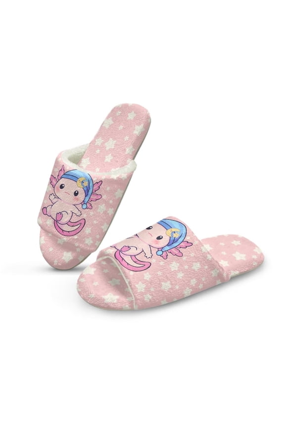Cartoon Axolotl Print Slippers for Women Memory Foam House Bedroom Soft Open Toe Slides Sandals Shoes Trendy Gift for Womens Anti-Skid Sole, Size 6-7