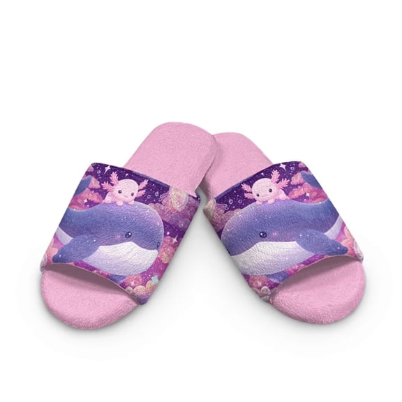 FUIALDOLG Cartoon Axolotl Whale Print Slippers for Women Indoor House Bedroom Open Toe Slides Sandals Shoes Trendy Gift for Womens Soft Sole, Size 10.5-11.5