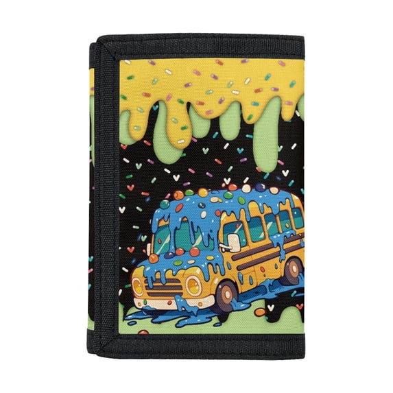 FUIALDOLG Cartoon Bus Dripping Icing Youth Wallet for Sports, Polyester Trifold Money Organizer with Zipper Wear Resistant Children Wallets