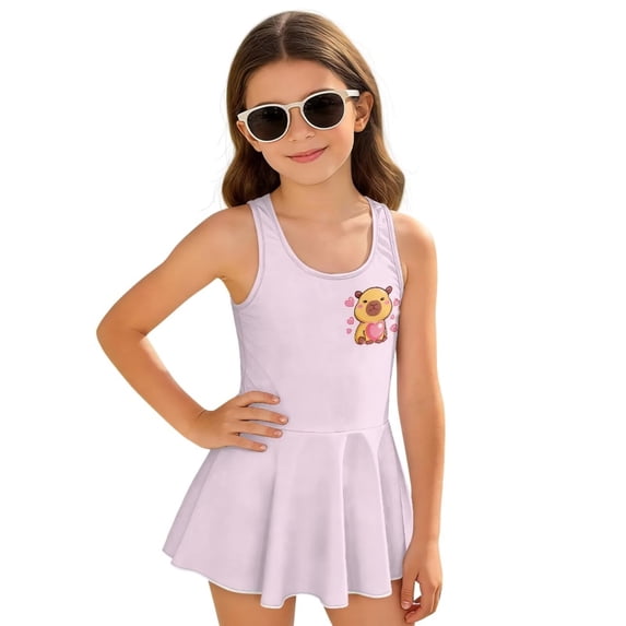 FUIALDOLG Cartoon Capybara One Piece Swimwear for Girl Quick Drying Kids Beach Bathing Suit with Skirt Sleeveless Tank Top A-Line Flowy Dress for Swimming,Beach Vacation,Water Active 8-9 Y