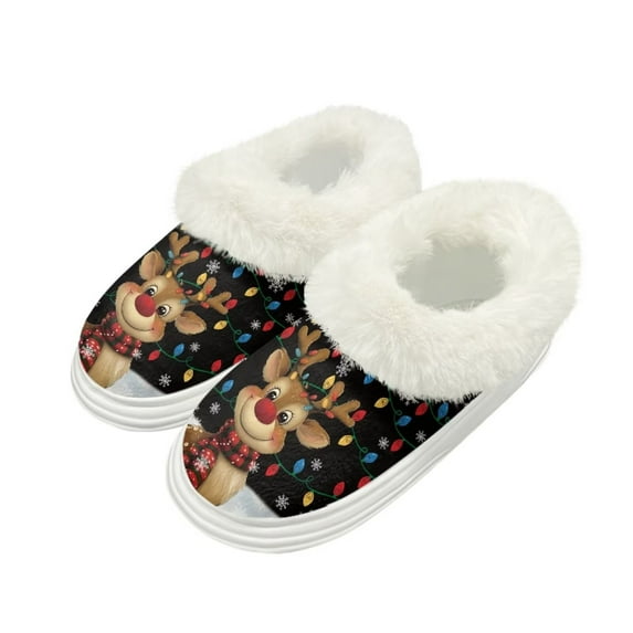 FUIALDOLG Cartoon Christmas Elk Print Fuzzy Slippers for Women Indoor Non-slip Thick Sole Winter House Slippers Home Shoes Gift for Women, Size 8-9