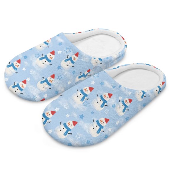FUIALDOLG Cartoon Snowman Blue Print Winter House Slippers for Women Men Christmas, Lightweight Fabric Casual Cotton House Shoes, Non-Slip Closed Toe Home Shoes, Indoor and Outdoor