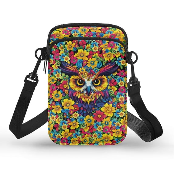 FUIALDOLG Casual Crossbody Bag for Daily Use Outdoor, Polyester Lightweight Cell Phone Purse, Floral Owl Art Pattern