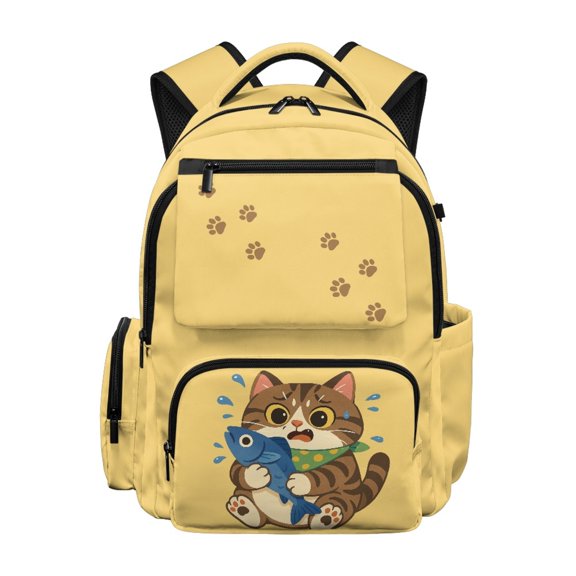 FUIALDOLG Cat Catching Fish Pattern Design Breathable Padded Shoulder Bookbag with Lightweight Water Proof Zaino per ragazze, Adjustable Shoulder Straps 17 Inch School Bag for Outdoor Back to School
