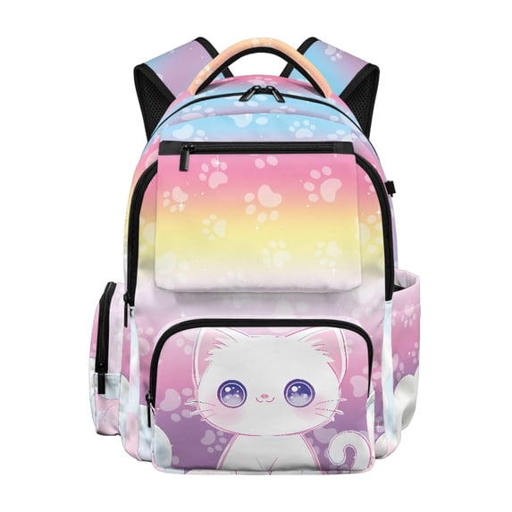 FUIALDOLG Cat on Cloud with Paw Prints School Bag with Smooth Zippers, Multi-Pocket Soft Padded Back 17 Inch Kids School Backpack for Elementary Back to School