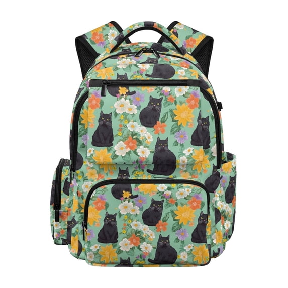 FUIALDOLG Cats Flowers Multi-pocket Bookbag with Lightweight Side Pockets Casual Daypack, Adjustable Padded Straps 17 Inch School Bag for Travel Middle School Elementary School