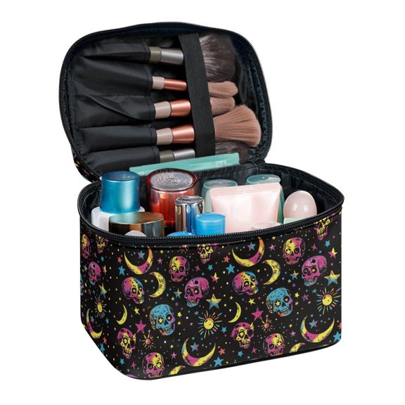 FUIALDOLG Celestial Skull Print Portable Cosmetic Bag, Polyester Toiletry Bag Zipper Makeup Bag for Travel Bathroom