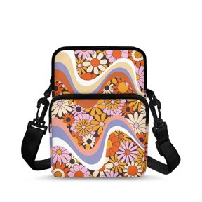 FUIALDOLG Cell Phone Bag Case Retro Floral Stripe Pattern 2 Layer Crossbody Bag for Travel, Polyester Portable Crossbody Bags
